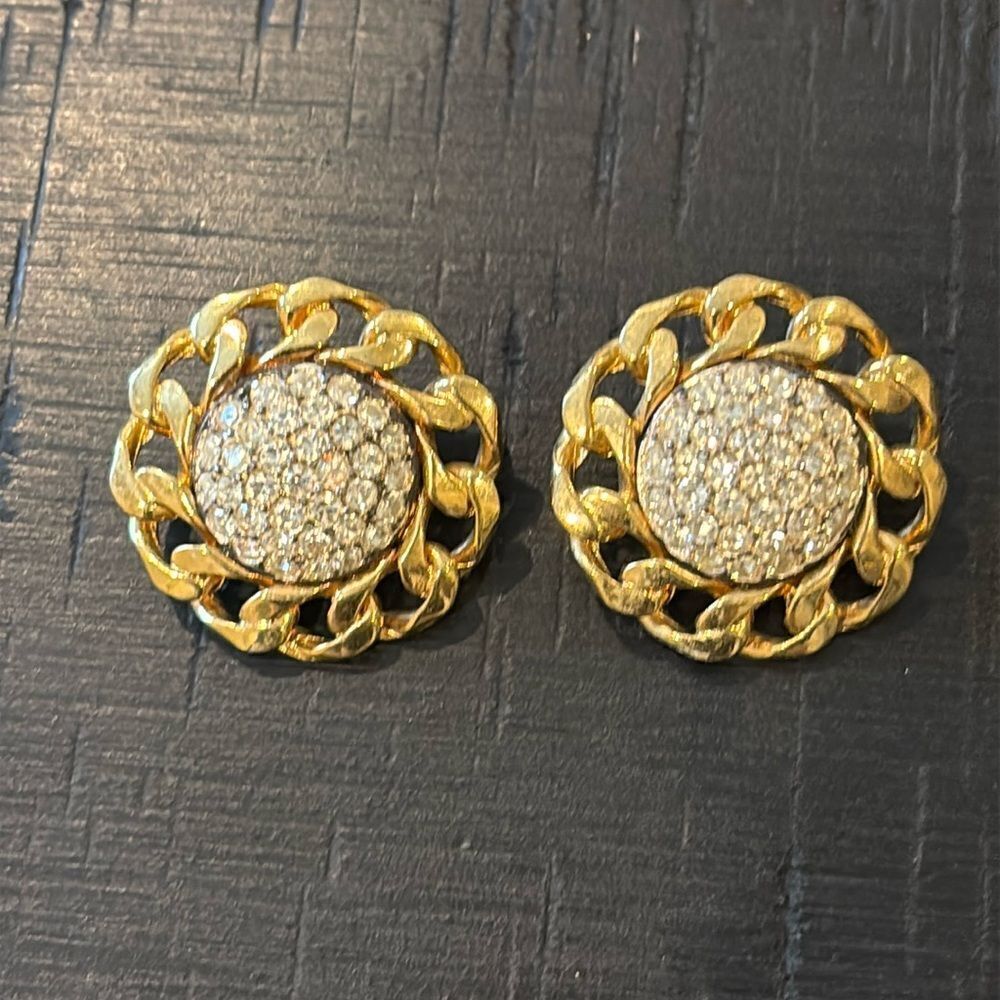 Gold and Silver Chain Link Pierced Rhinestone Earrings​​